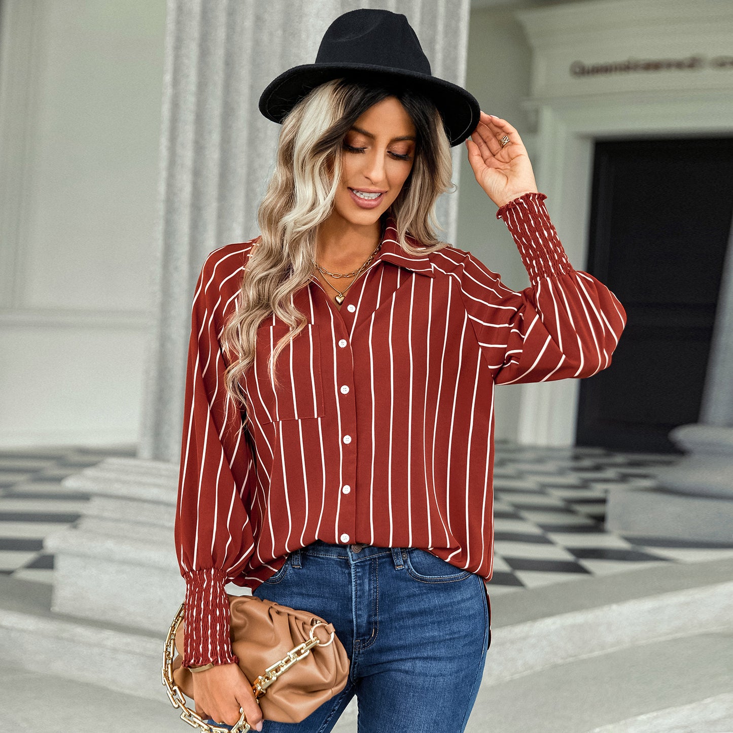 Ladies Fashion Casual Loose Versatile Shirt Striped Top