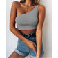 Solid Color Low-Cut Sleeveless Umbilical One-Shoulder Halterneck Vest