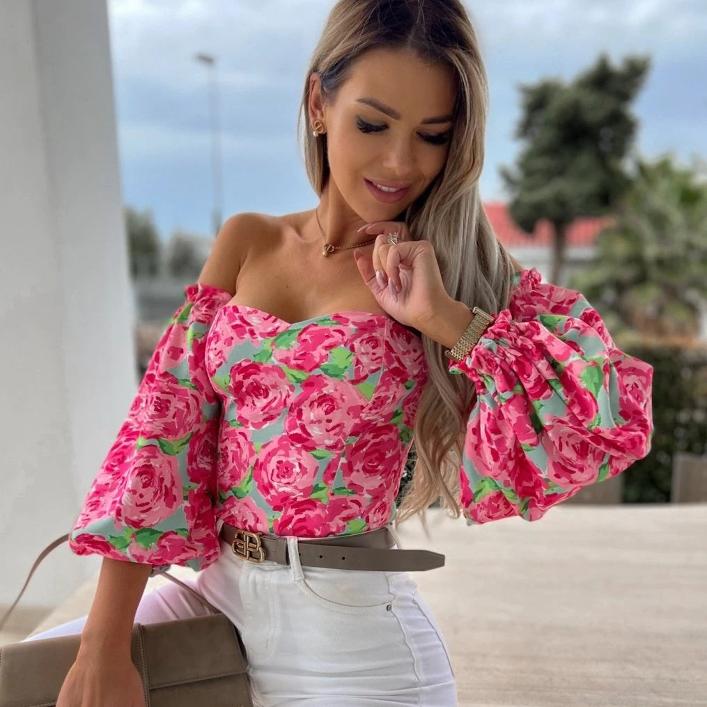 Lady Off-shoulder Printed Shirt