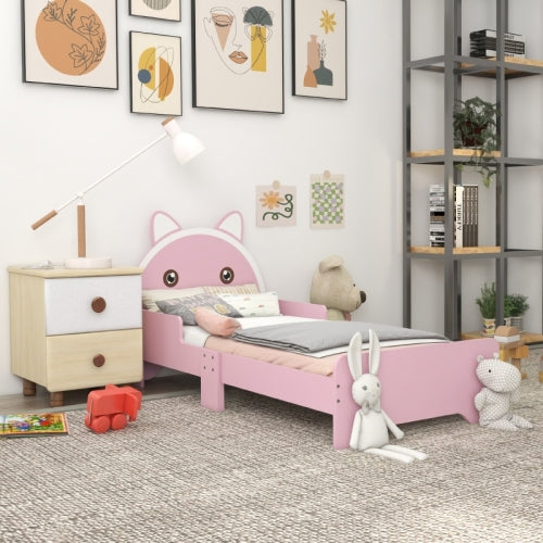 ZONEKIZ Bed For Kids Cat Design Toddler Bed Frame Bedroom Furniture With Guardrails, For 3-6 Years, 143L X 74W X 72Hcm - Pink
