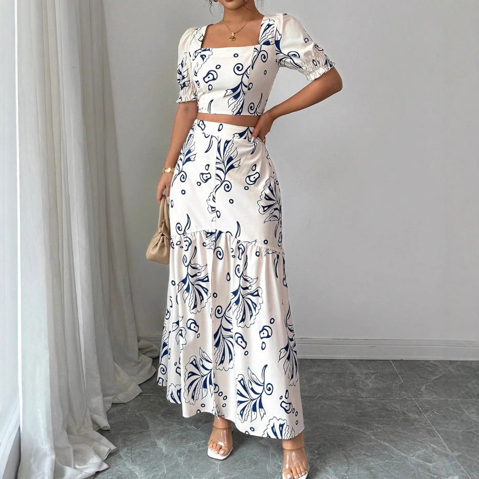 New Printed Square Neck Short Sleeve Skirt Set