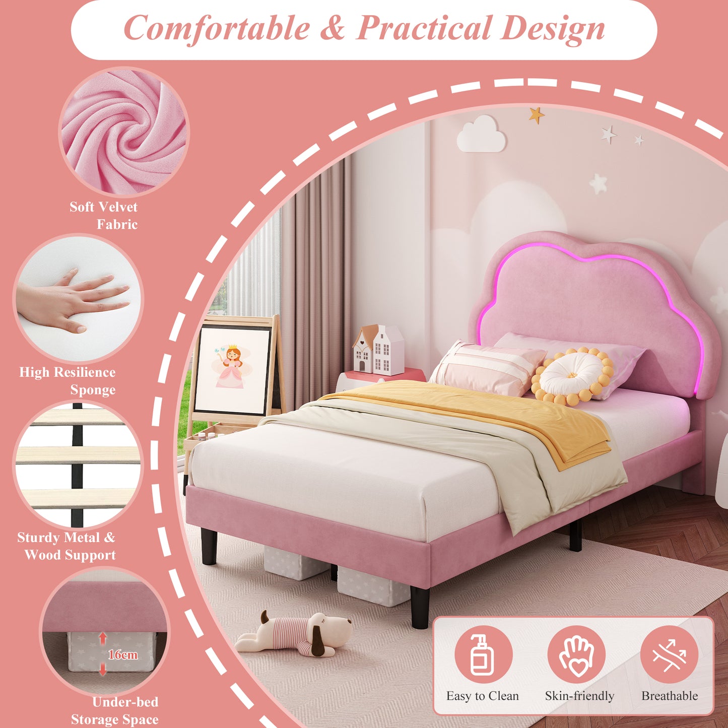 3ft Single Upholstered Bed With LED Adjustable Cute Cloud Headboard, Soft Velvet Bed Frame With Solid Wood Slat, No Box Spring Needed, Easy Assembly,