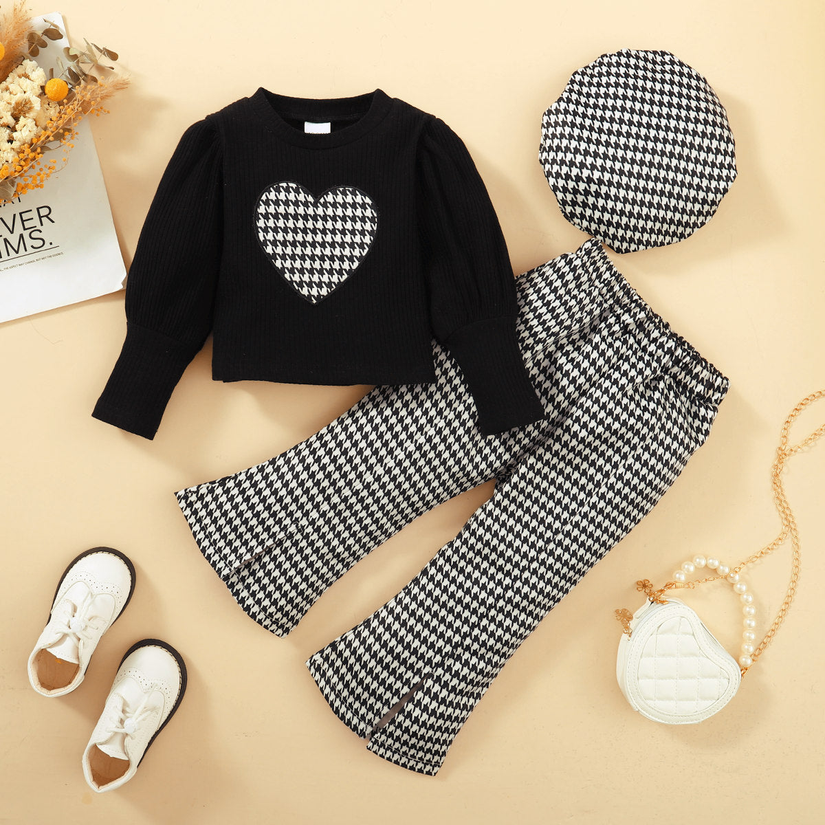 Plaid Heart-shaped Stand Collar Long-sleeved Trousers Hat