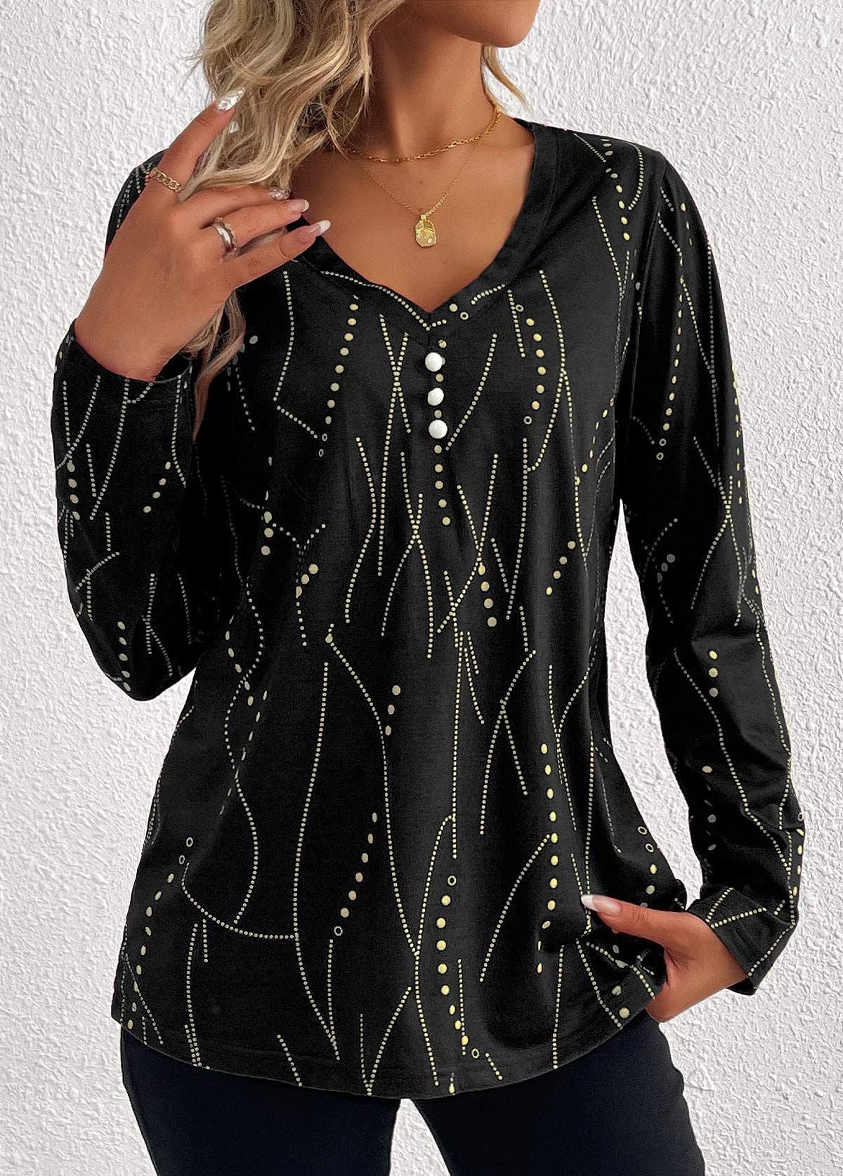 Casual Button Geometric Printed Long-sleeved T-shirt