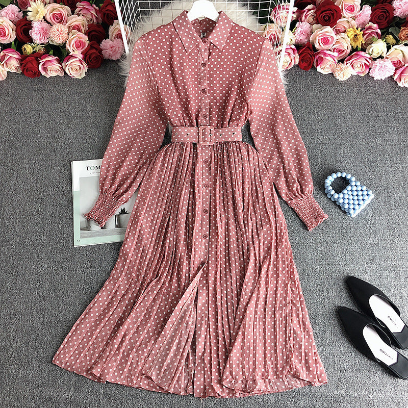 Women's POLO Collar Slim Fit Long Polka Dot Chiffon Pleated Skirt