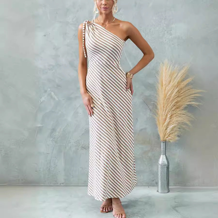 Robe rayée slim à une épaule et lacets pour femme