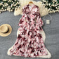 V-Neck Lace-Up Waist-Fitted Printed Chiffon Dress For Women