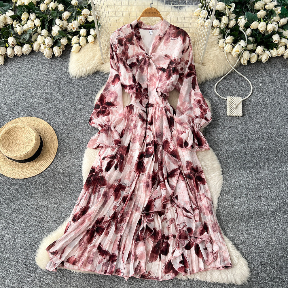 V-Neck Lace-Up Waist-Fitted Printed Chiffon Dress For Women