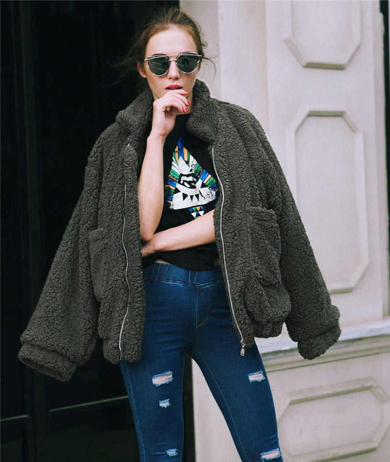 BF Wind Long Sleeve Pocket Casual Loose Plush Jacket