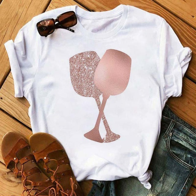 T-shirt Kawaii Verre à Vin Rose Gold