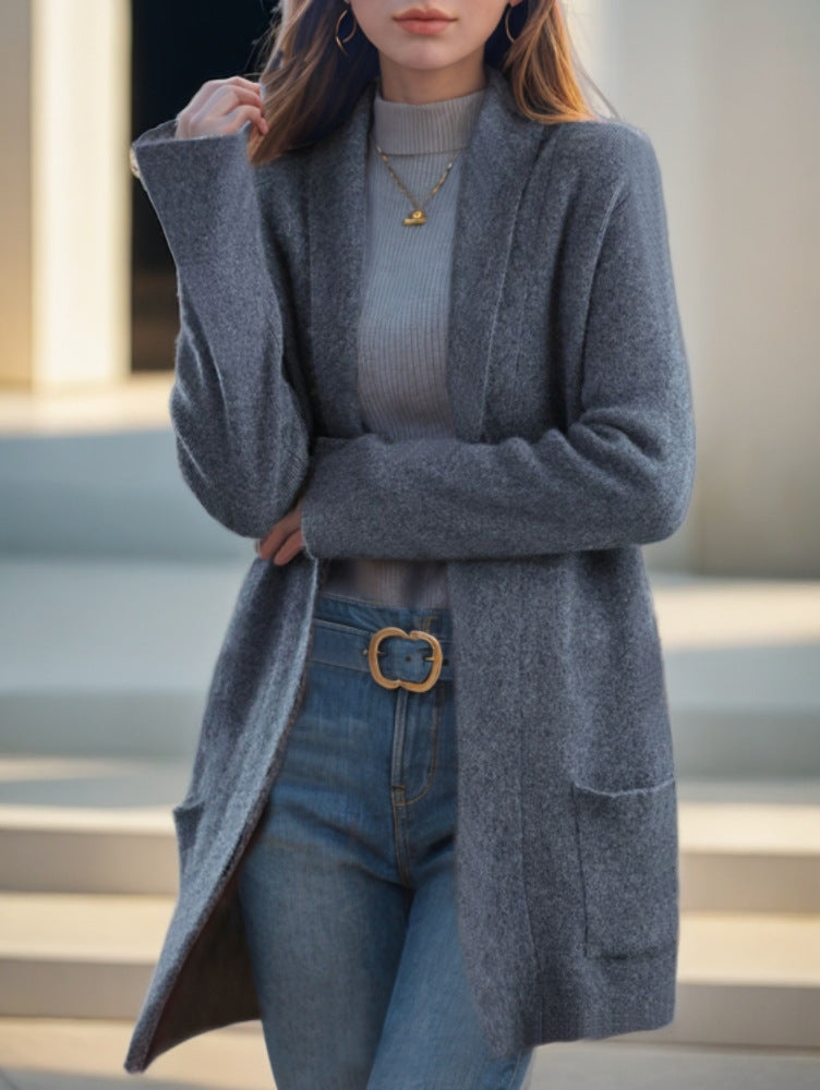 Nouveau cardigan tricoté à manches longues et col polo, couleur unie, avec poches amples, pour femme