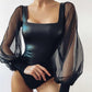 Square Collar Temperament Slim PU One-piece Leather American Ladies Bottoming Shirt