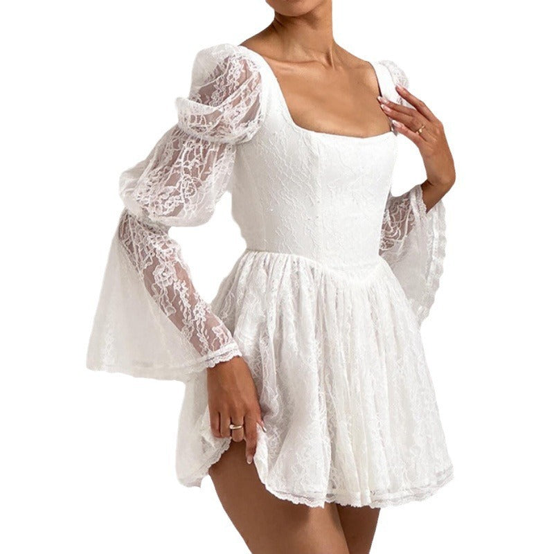 Autumn New Square-neck Long Sleeve Waist Lace Dress