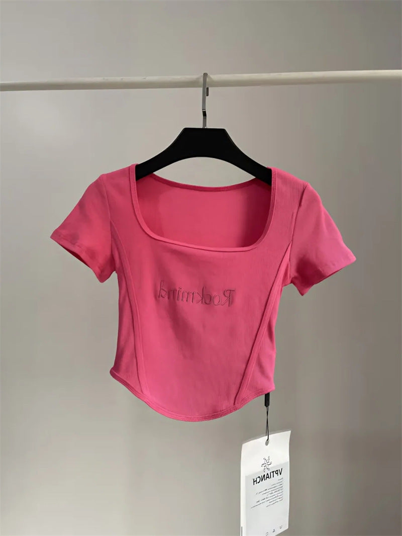 T-shirt court taille haute pour femme, haut court et sexy, moulant, à manches courtes et ourlet incurvé, été