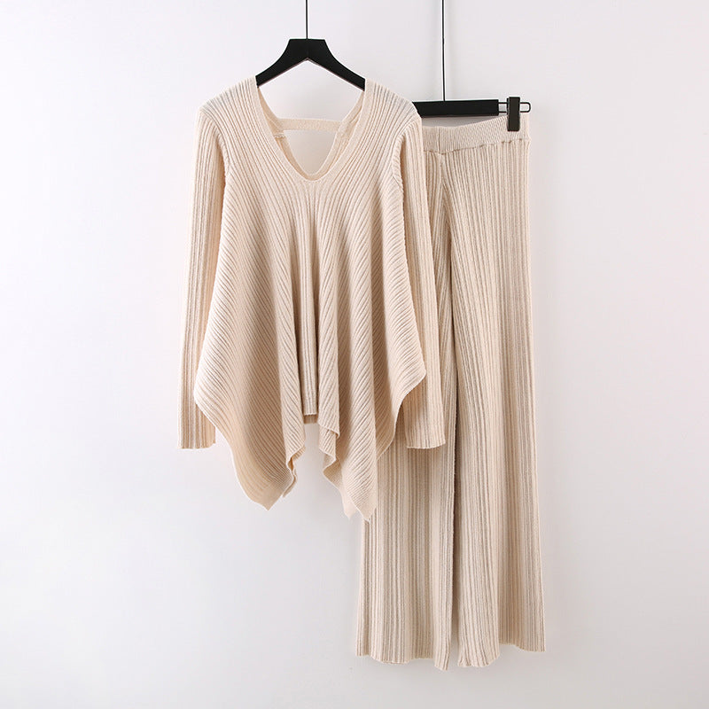Ensemble pull-over élégant et tendance pour l'automne, haut en tricot plissé irrégulier à col en V, pantalon large