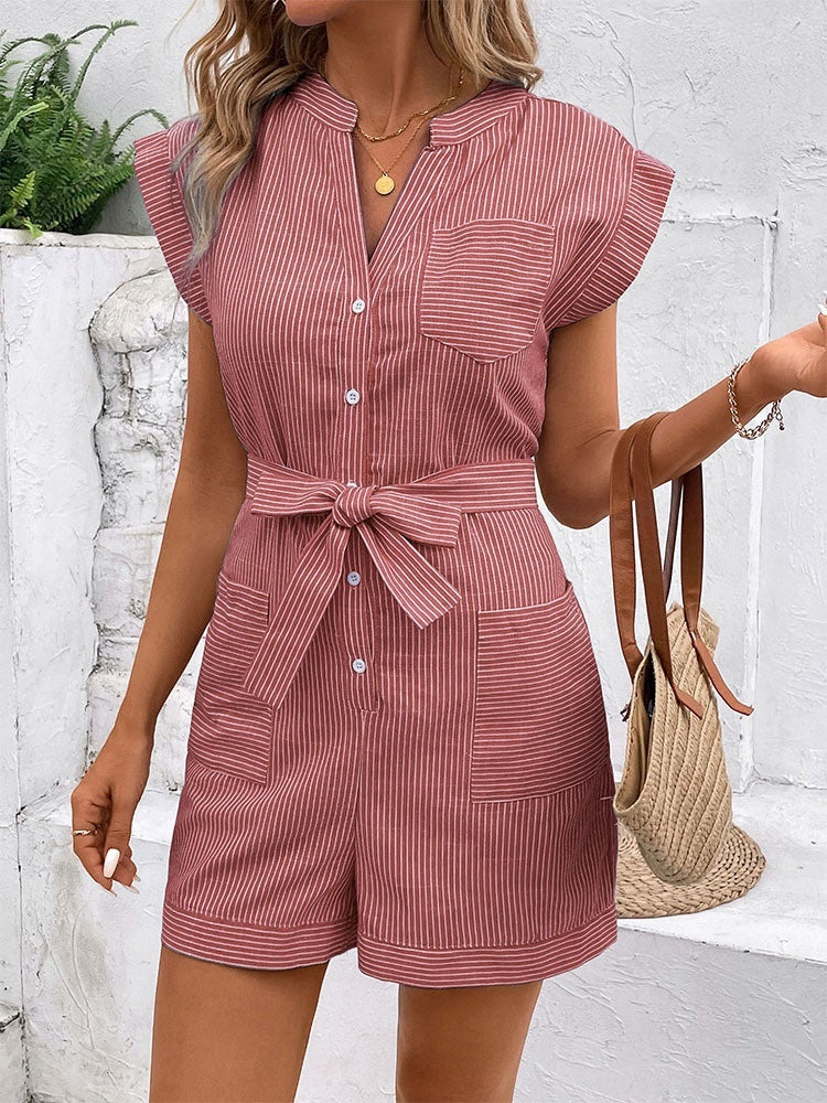 Summer Leisure Commute Jumpsuit Pinstripe Short Sleeve One-piece Shorts
