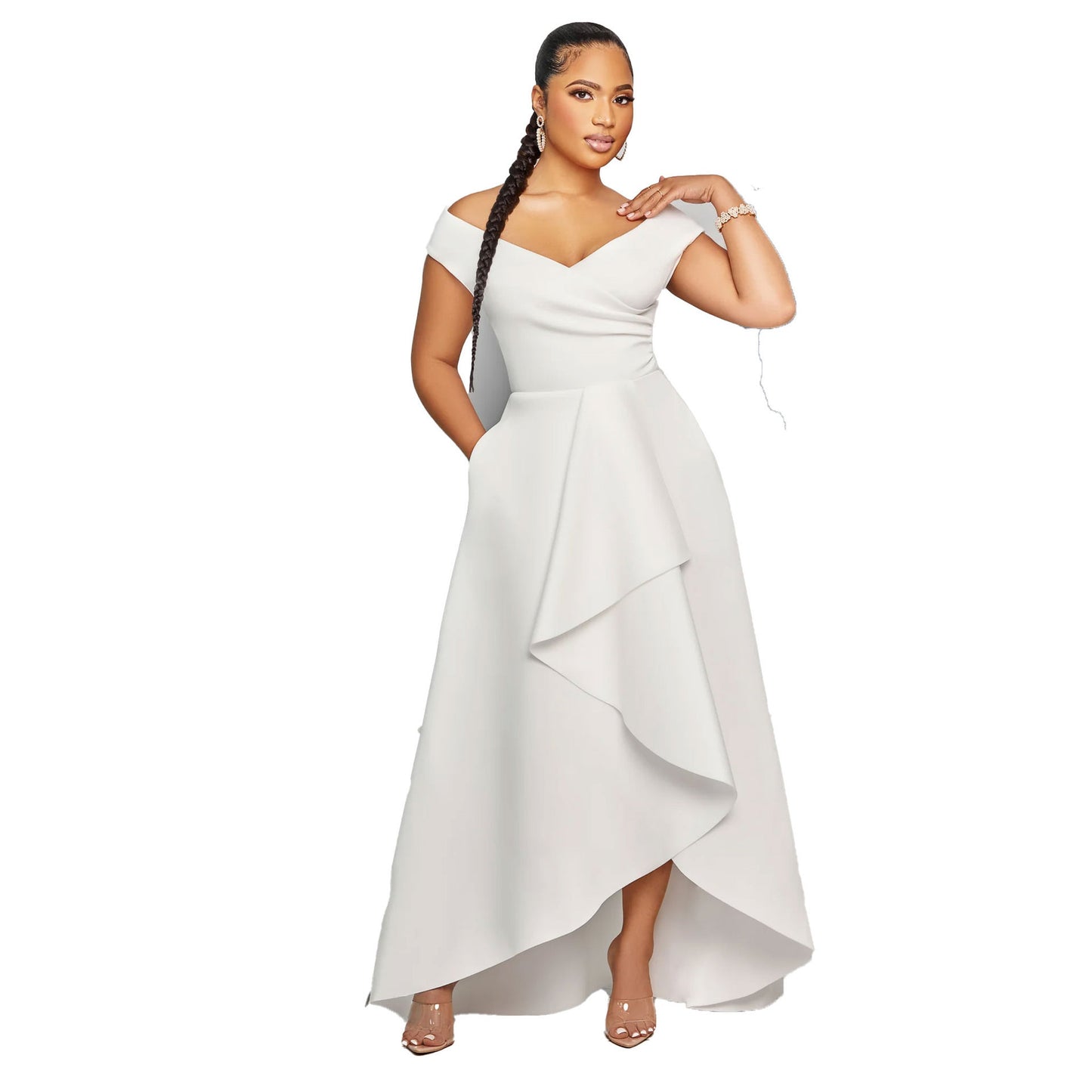Robe trapèze ample sans manches à épaules dénudées et coupe ajustée de couleur unie
