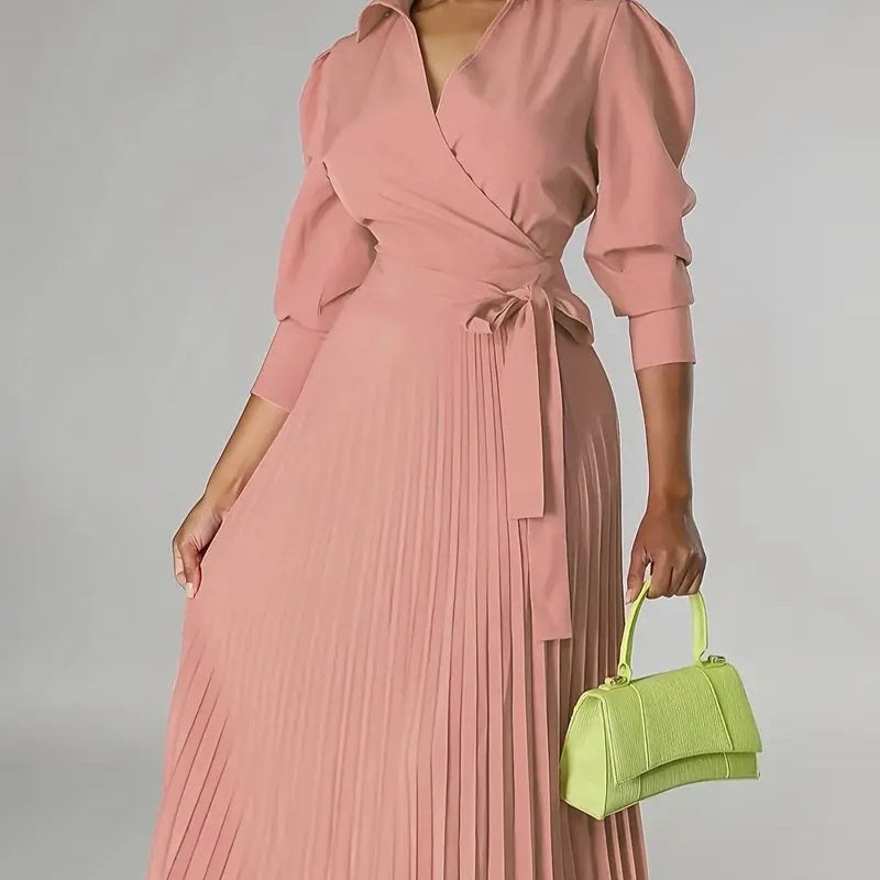 V-neck Long-sleeve Coat-pressed Dress With A Cinched Waist For Women