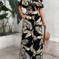 Ladies' Tropical Printed Off Shoulder Top With Lace Trim And Wide Leg Pants Set