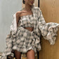 Retro Loose Outfit Long Sleeve Plaid Shirt Tube Top Shorts Fashion Casual Three-piece Suit