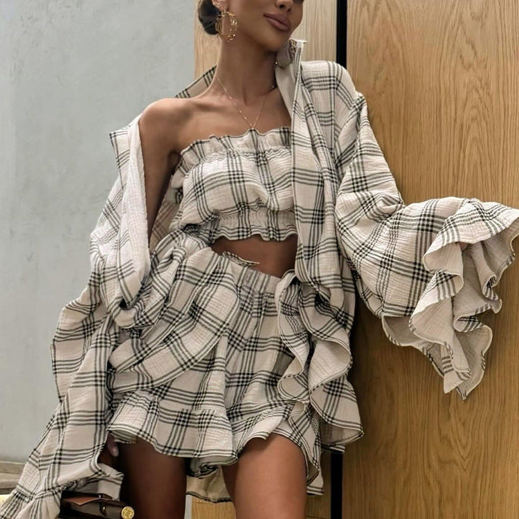 Retro Loose Outfit Long Sleeve Plaid Shirt Tube Top Shorts Fashion Casual Three-piece Suit