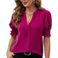 V-neck Graceful Puff Sleeve Solid Color Shirt