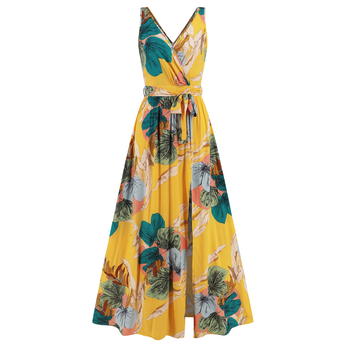 Robe longue à imprimé floral et col en V, mode estivale, taille nouée, fente, sans manches, vêtements pour femmes
