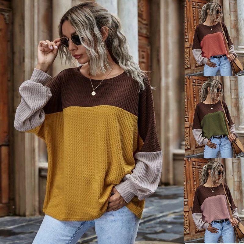 Contrasting Color Stitching Waffle Round Neck Long-sleeved Blouse Women