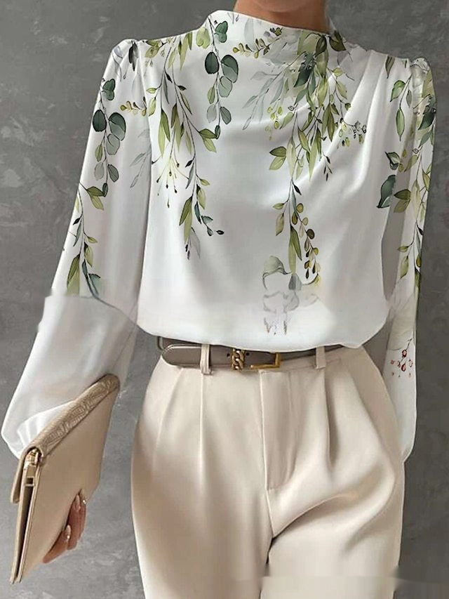Half Turtleneck Lantern Sleeve Printed Top