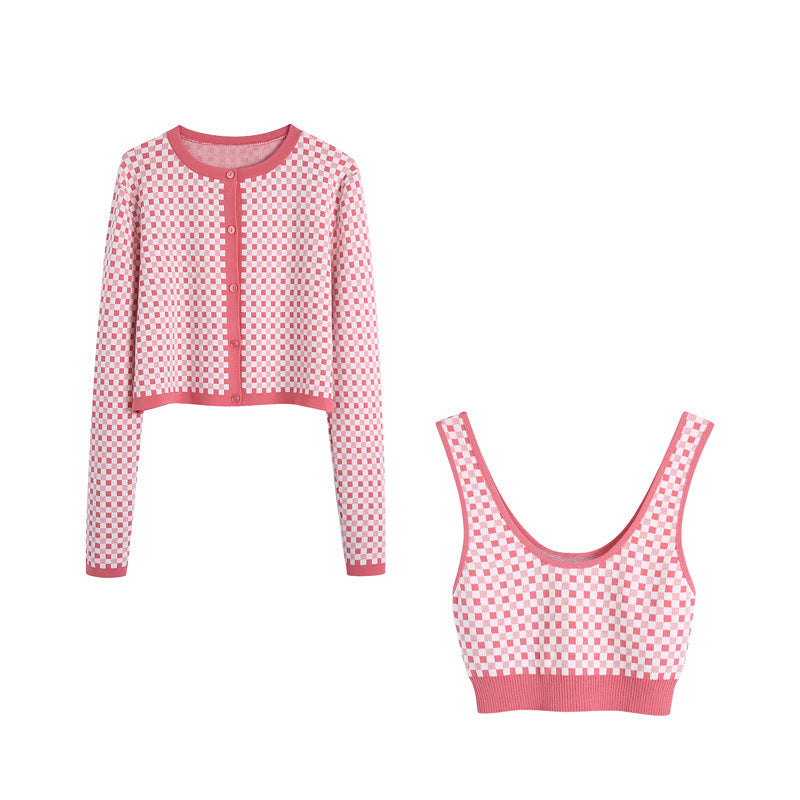 Ladies Casual Versatile Small Check Knit Jacket