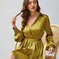 Design Sense Lace-up Long Sleeve Pleated Dress Solid Color Wrap V-neck