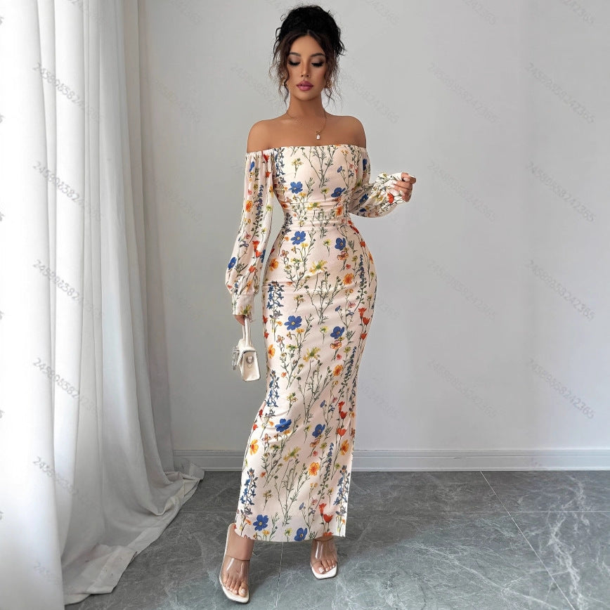 Elegant Off-the-shoulder Floral Branch-print Dress For Women