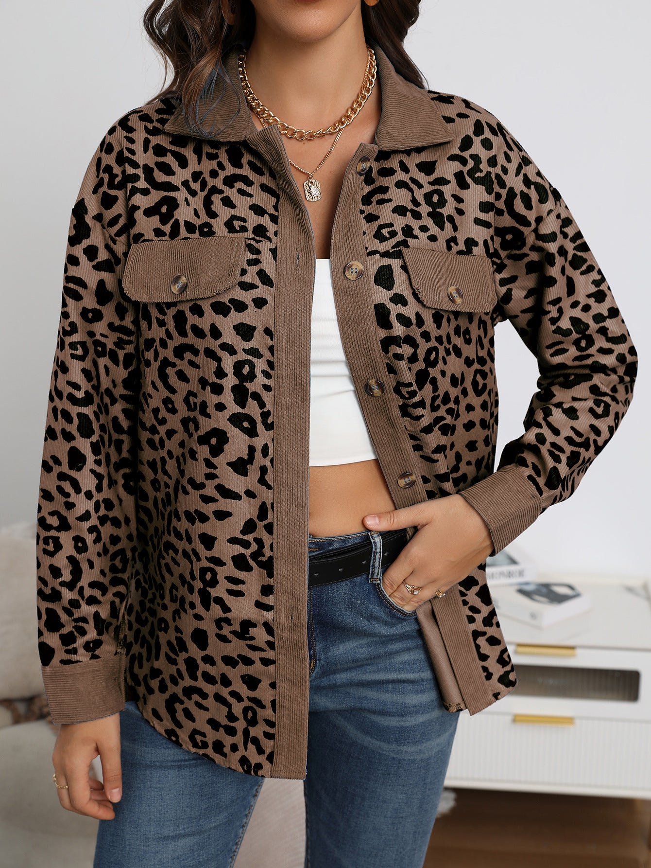 Fashion Leopard Print Corduroy Button Long Sleeve Coat For Women
