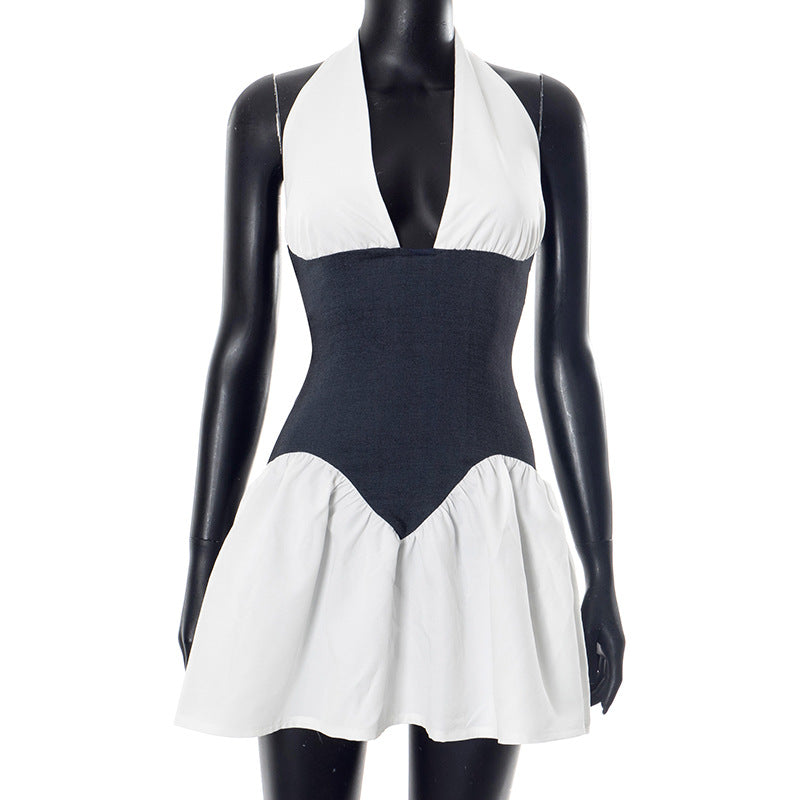 Deep V Halter Lace-up Backless Waist Trimming Skirt Dress