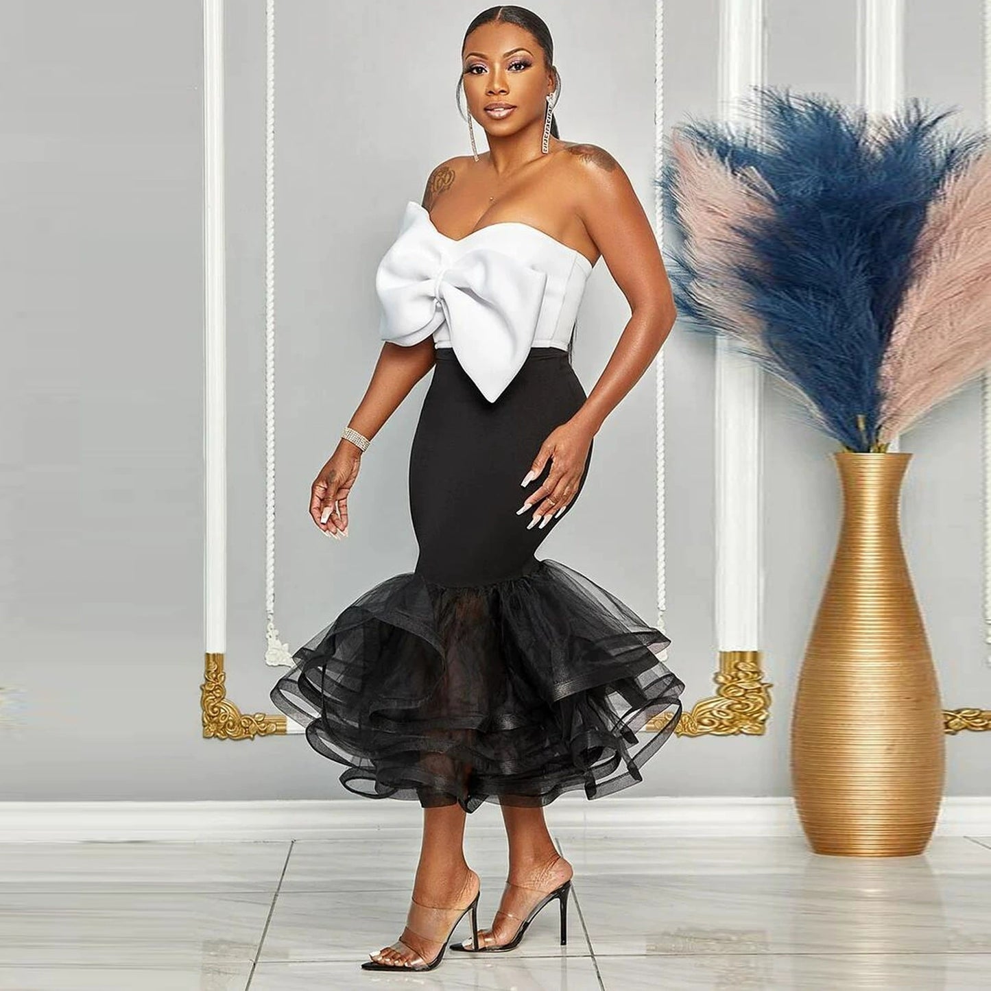 New Slim-fit Contrast Colors Bandeau One-shoulder Three-dimensional Hip Skirt