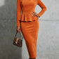 Solid Color Lotus Leaf Hem Top And Bodycon Long Skirt Set