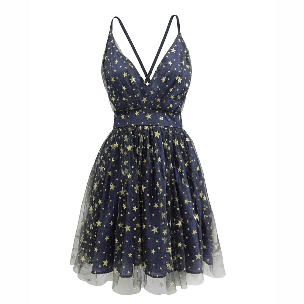Robe à paillettes et bretelles à col en V, robe dos nu