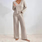 Casual Straight-leg Pants With A Loose V-neck Ribbed Knit Set