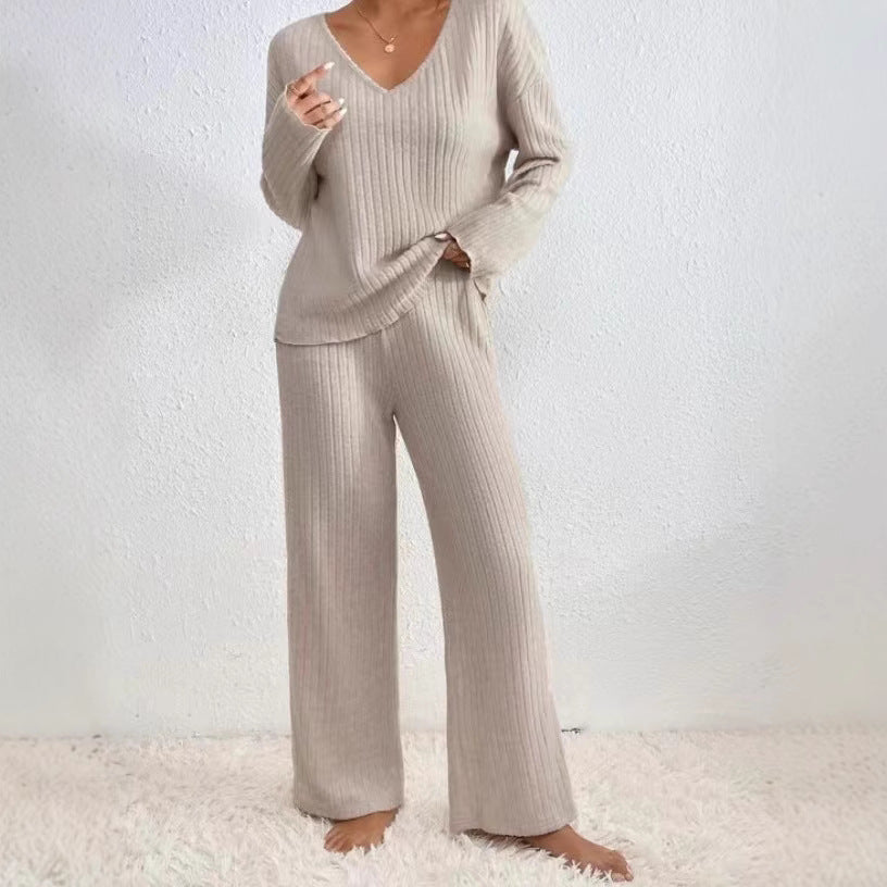 Casual Straight-leg Pants With A Loose V-neck Ribbed Knit Set