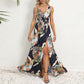 Robe longue à imprimé floral et col en V, mode estivale, taille nouée, fente, sans manches, vêtements pour femmes