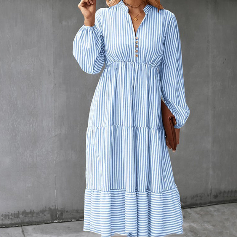 Robe d'automne européenne et américaine à rayures, manches longues, taille élastique