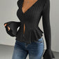 European And American Elegant Style Autumn And Winter New V-neck Ruffled Slim Temperament Top