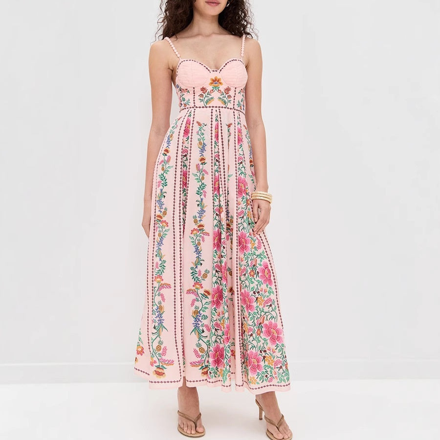 Decorative Beads Sling Positioning Print Holiday Dress