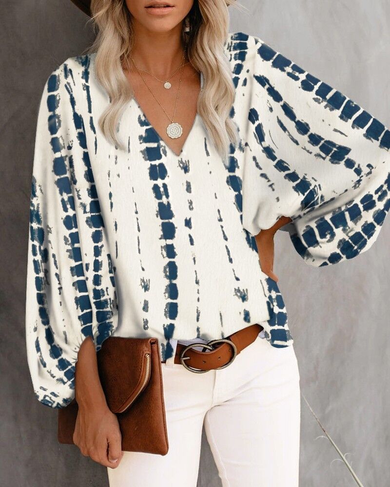 Casual Shirt Printed Lantern Sleeve Top