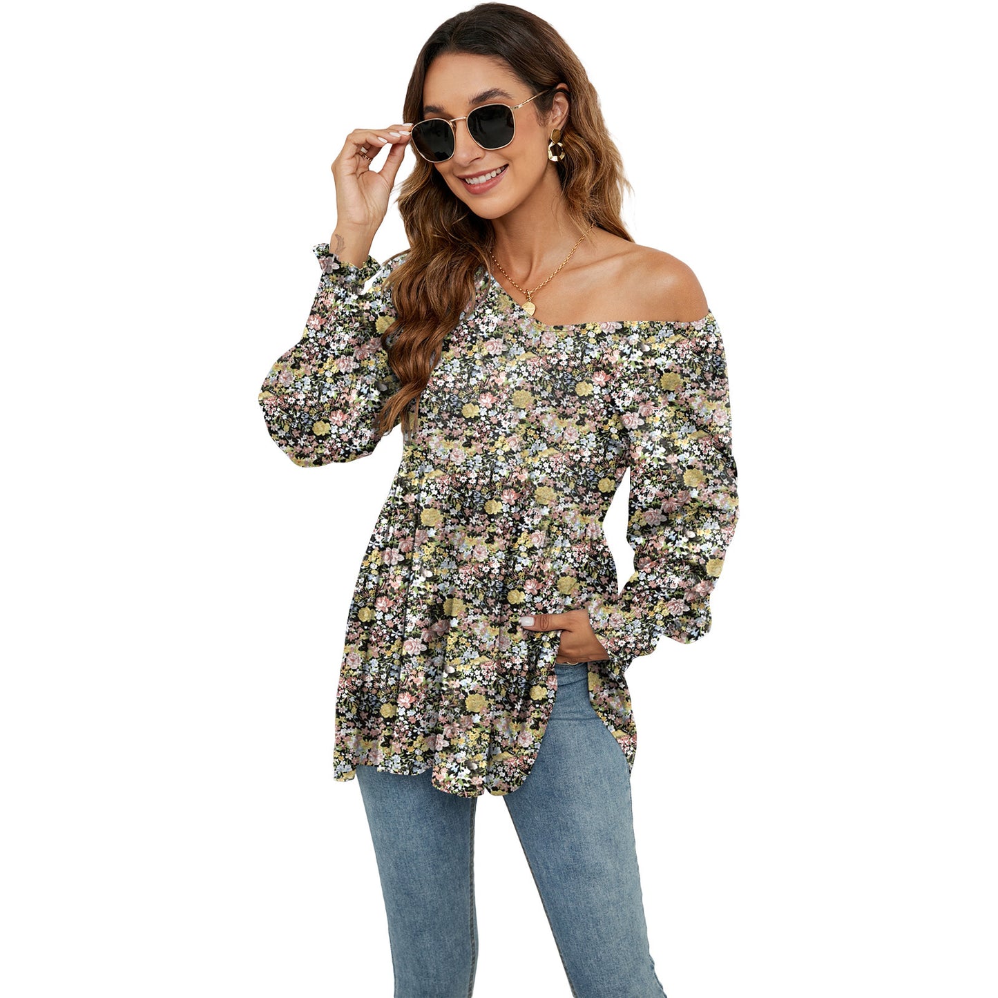Hauts à manches longues bouffantes pour femmes, imprimés floraux, chemisiers décontractés à col en V, t-shirts, hauts babydoll