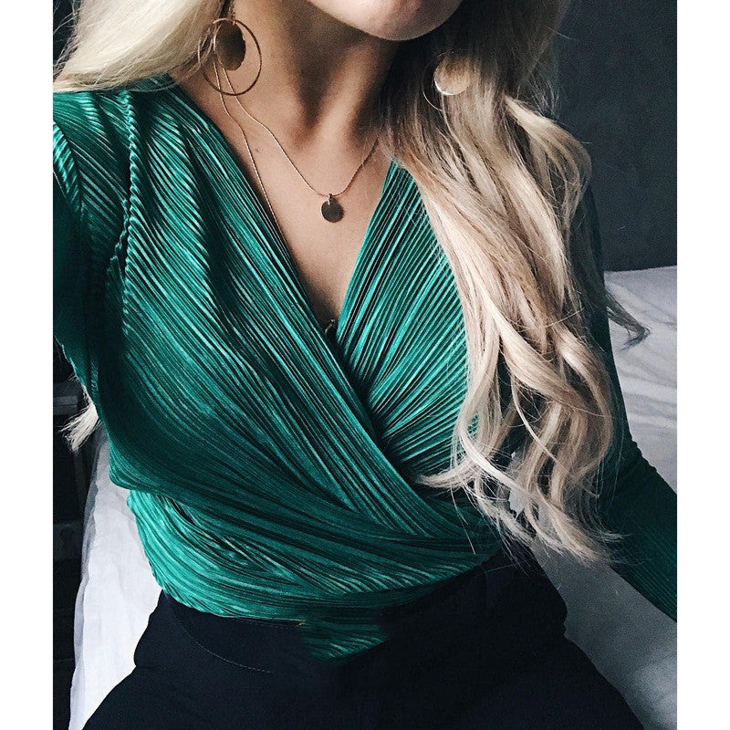 Fashion Solid Color Long-sleeved Slim V-neck Jumpsuit