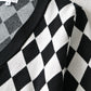 V-neck Black And White Diamond Single-breasted Long-sleeved Knitted Cardigan