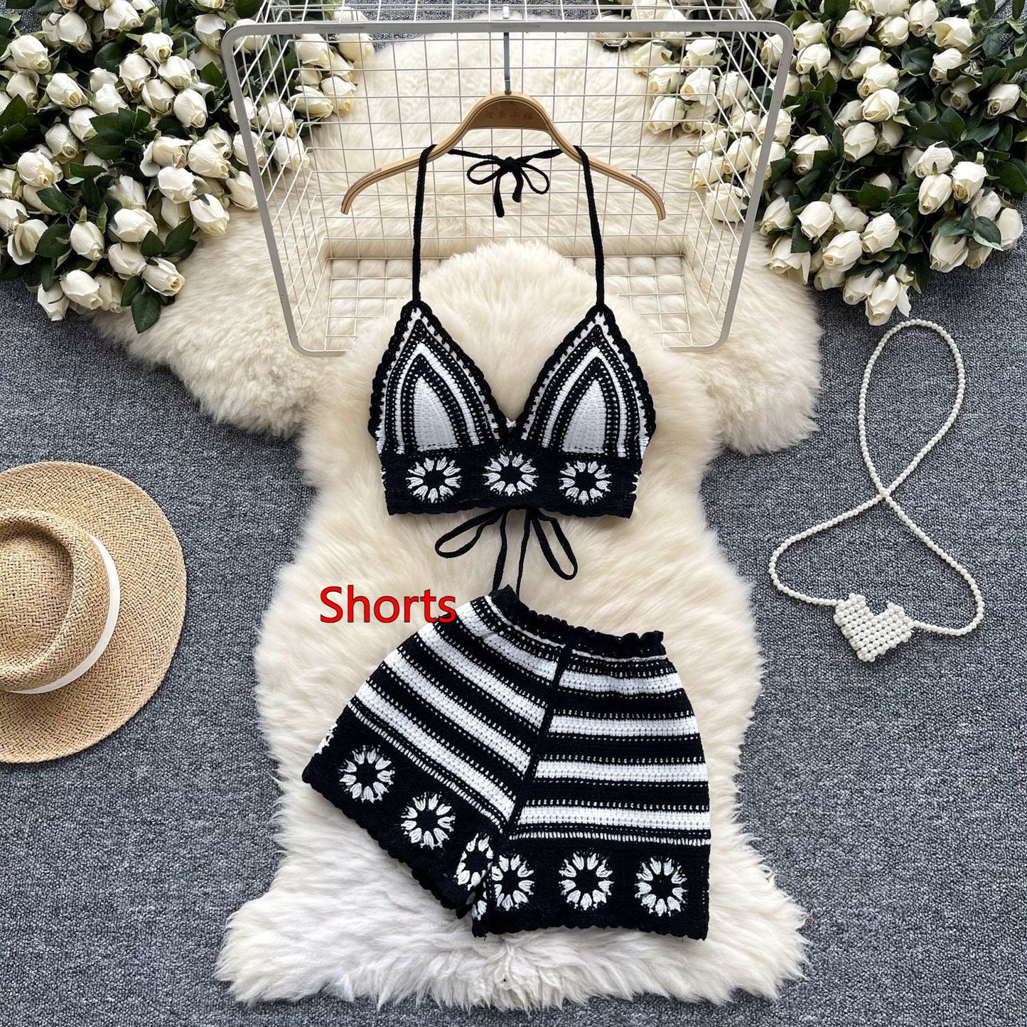 Cutout Crocheted Halter Strap Vest High Waist Knit Shorts