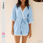 V-neck Fitted-waist Lace-trimmed Patchwork One-piece Shorts