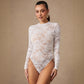 Womens Solid-Color Lace Long-Sleeve Slim-Fit Base Bodysuit